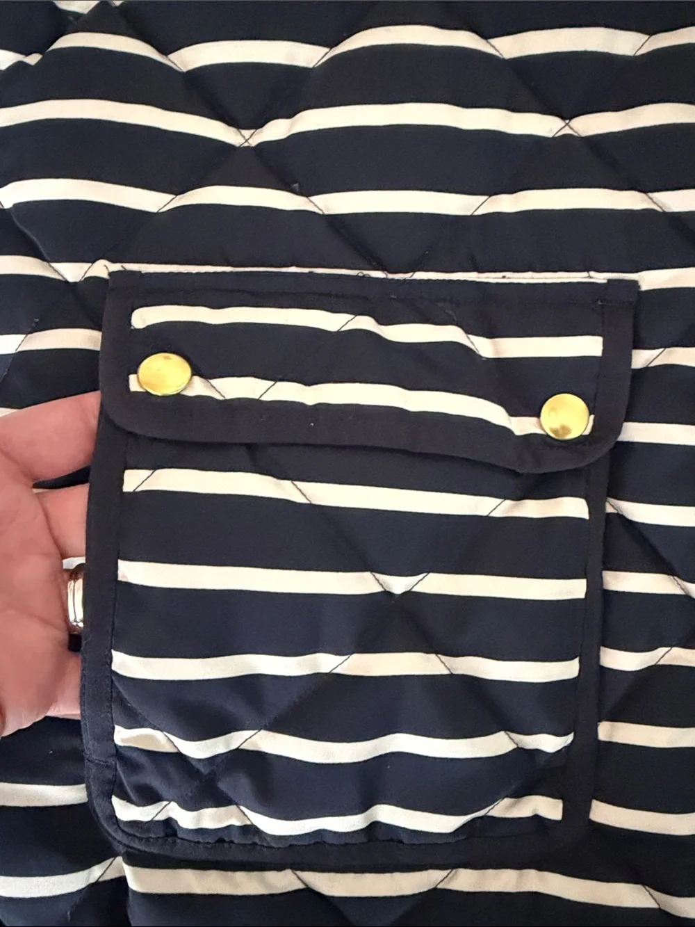 J. Crew Navy & White Striped Quilted Vest with Gold-Tone Snaps